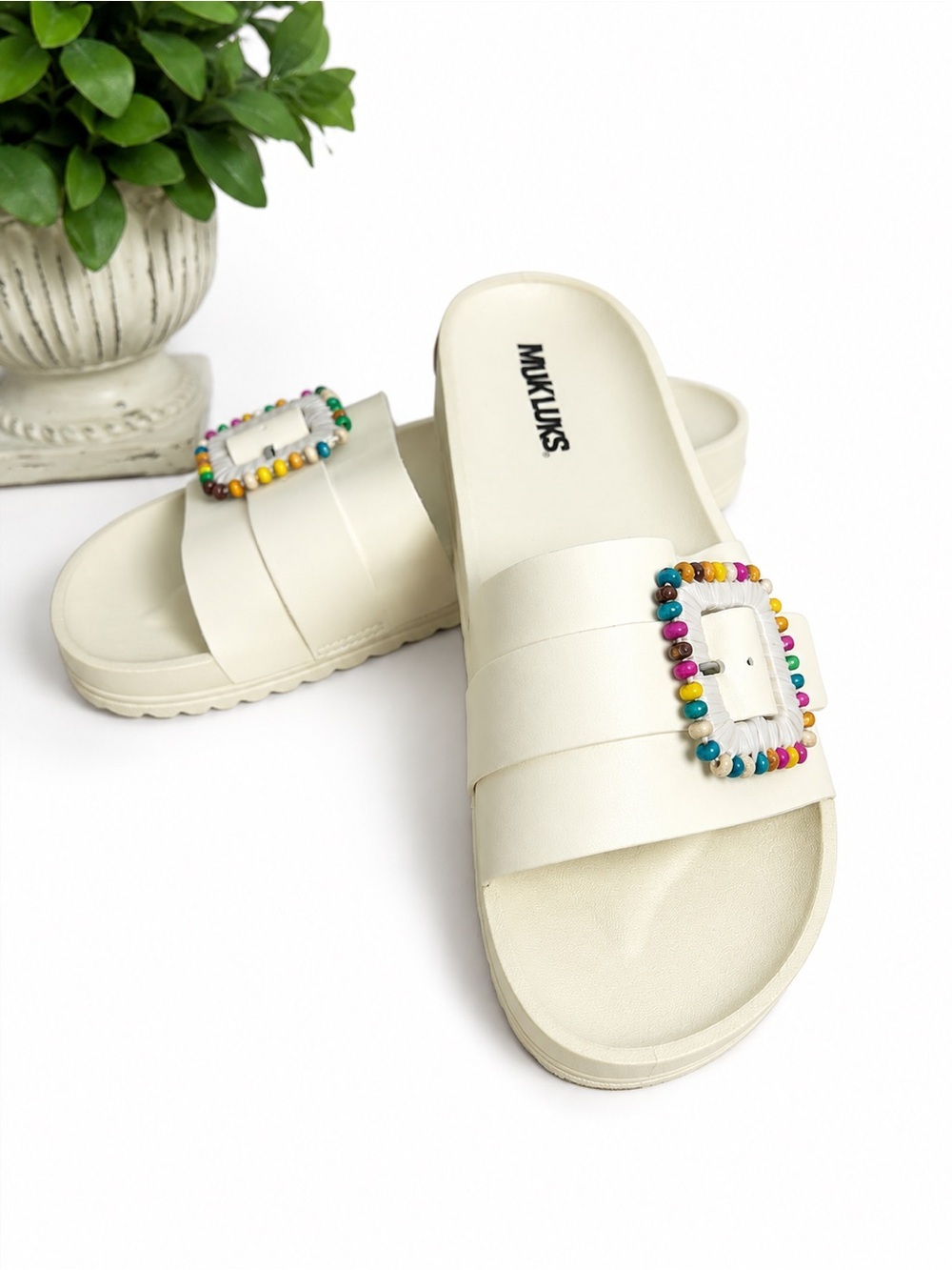 Muk Luks Women’s Ivory Platform Slide Sandals with Colorful Beaded Buckle